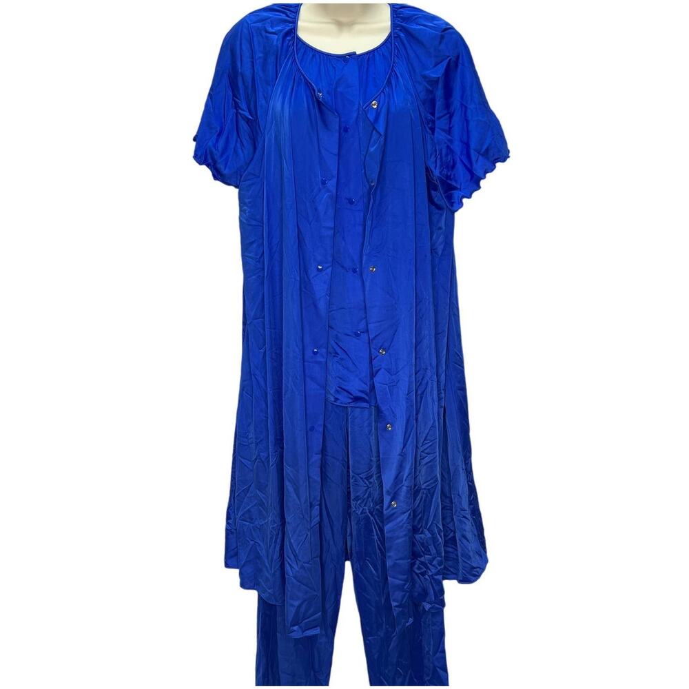 Vintage Shadowline Womens 3 PC Pajama Set Robe Size S Blue Pants Short Sleeve
